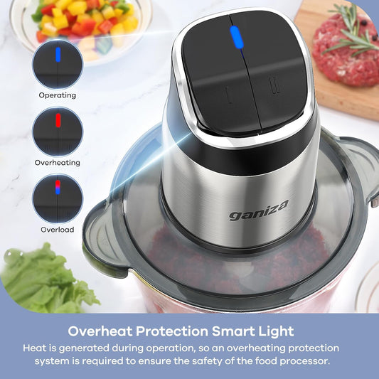 Electric Food Processor with Dual 8-Cup Bowls – 2-Speed Food Chopper & Meat Grinder with Glass and Stainless Steel Bowls, 450W Motor, Overheat Protection