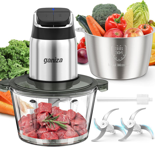 Electric Food Processor with Dual 8-Cup Bowls – 2-Speed Food Chopper & Meat Grinder with Glass and Stainless Steel Bowls, 450W Motor, Overheat Protection